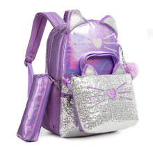 Cargar imagen en el visor de la galería, Morral Gato Morado Set 3 pzs, Lonchera y Cartuchera 40cm - 116706