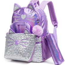 Cargar imagen en el visor de la galería, Morral Gato Morado Set 3 pzs, Lonchera y Cartuchera  40cm - 116706
