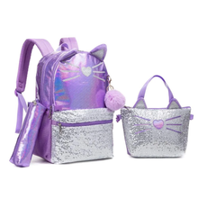 Cargar imagen en el visor de la galería, Morral Gato Morado Set 3 pzs, Lonchera y Cartuchera  40cm - 116706
