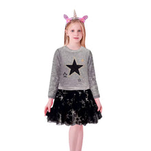 Cargar imagen en el visor de la galería, Vestido Vikita Top Sueter Gris Estrella Negra/Falda Tutu Negro - 115840
