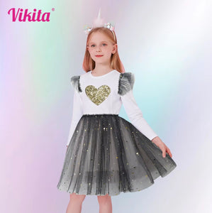 Vestido Vikita Manga Larga Top Blanco Corazon dorado/ Falda Tul negro - 115829