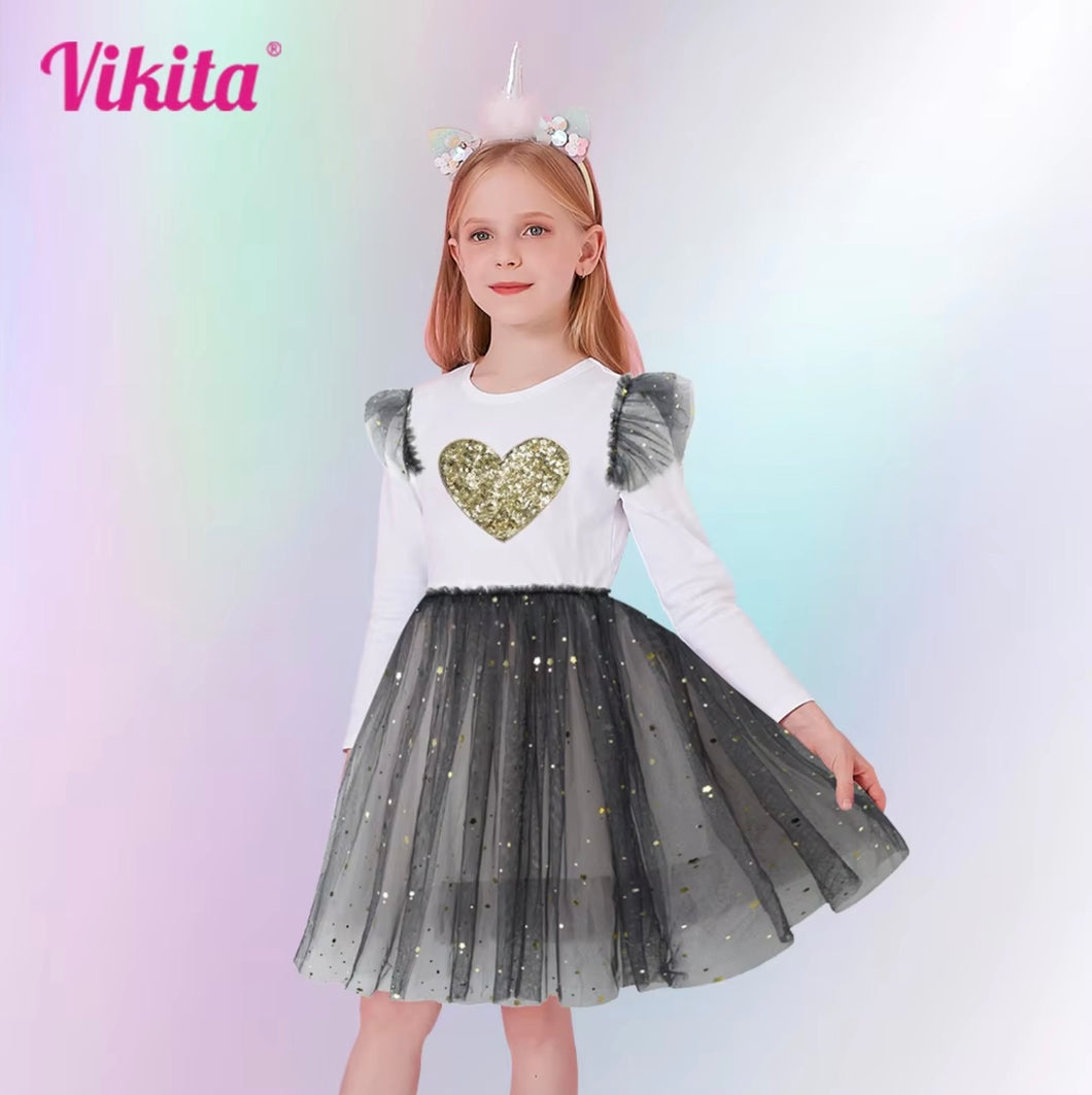 Vestido Vikita Manga Larga Top Blanco Corazon dorado/ Falda Tul negro - 115829