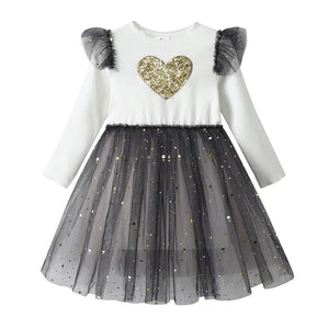 Vestido Vikita Manga Larga Top Blanco Corazon dorado/ Falda Tul negro - 115829