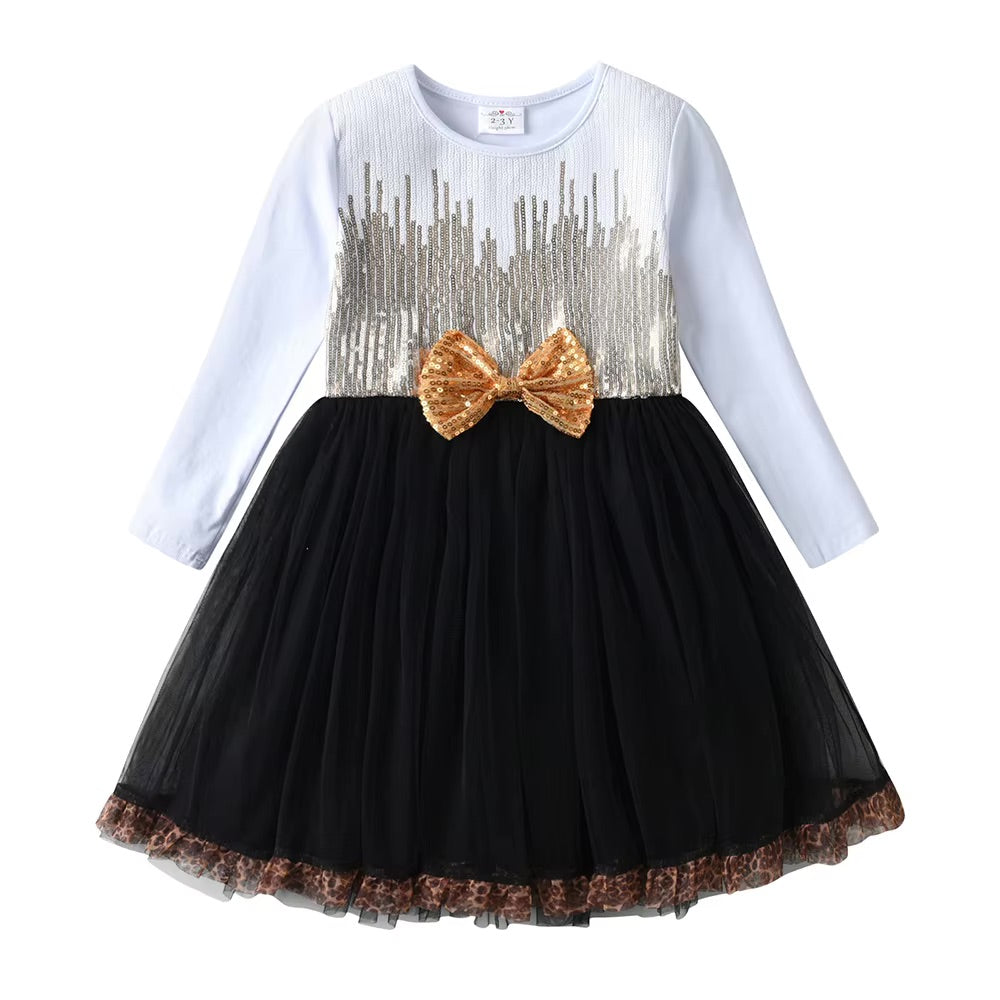 Vestido Vikita Manga Larga Top Blanco Lazo Dorado con Falda Negra - 115834