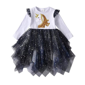 Vestido Vikita Manga Larga Top Blanco Unicornio Dorado Falda Tul Negra - 115831