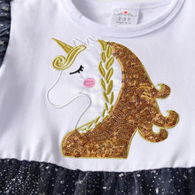 Cargar imagen en el visor de la galería, Vestido Vikita Manga Larga Top Blanco Unicornio Dorado Falda Tul Negra - 115831
