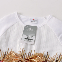 Cargar imagen en el visor de la galería, Vestido Vikita Top Lentejuelas Blanco Lazo Dorado Manga Larga - 116851
