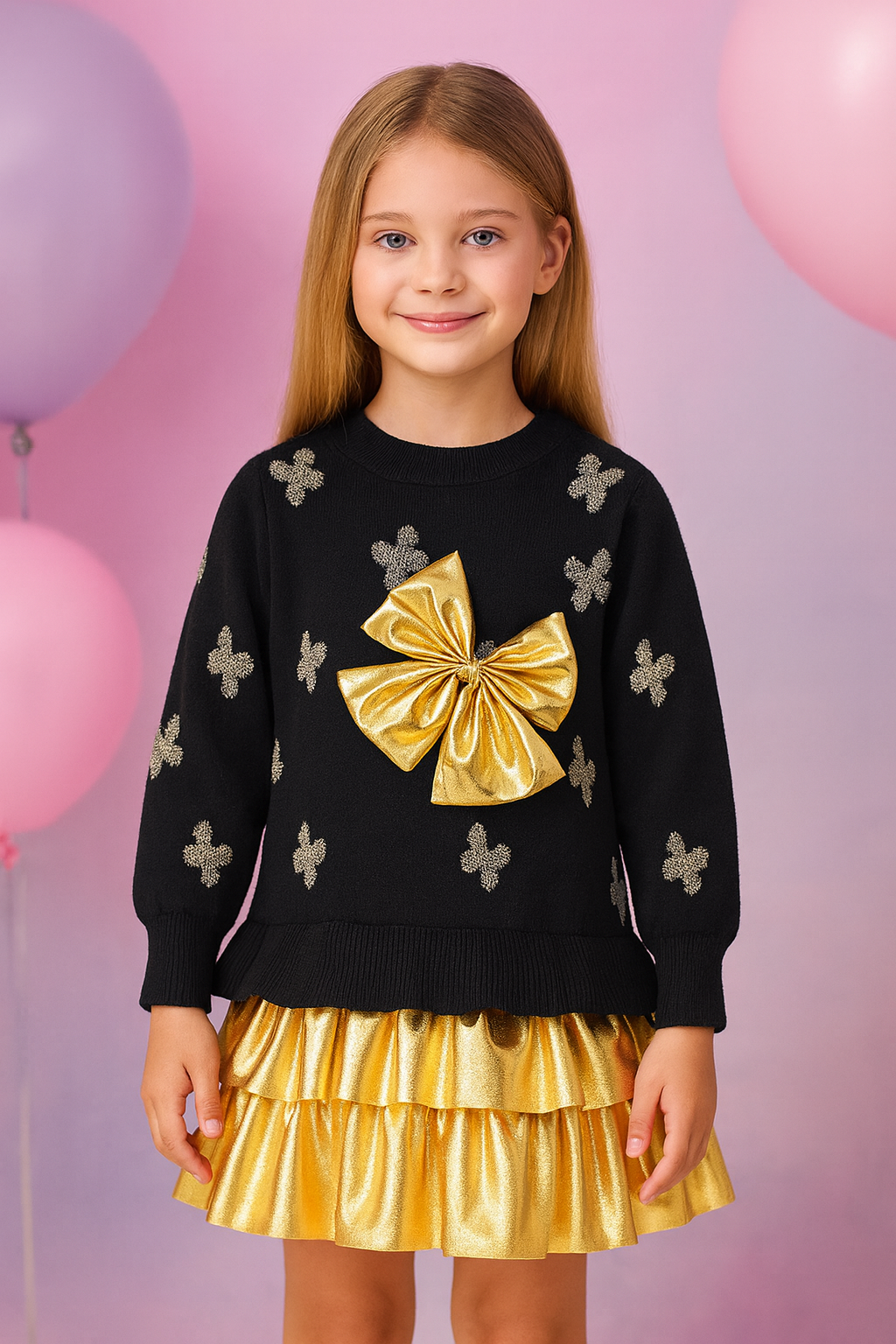 Vestido Vikita Top Sueter Negro con Lazo Dorado - 116853